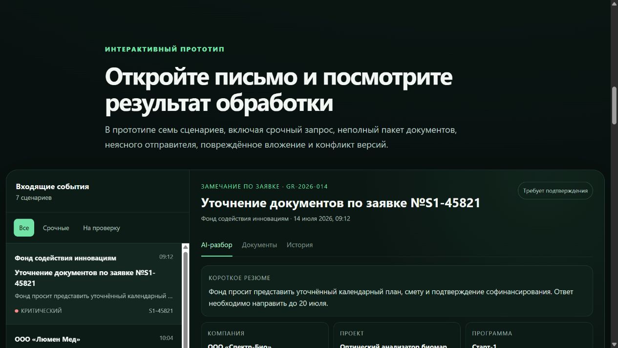 Интерактивный прототип GrantOps с письмами и карточкой AI-разбора
